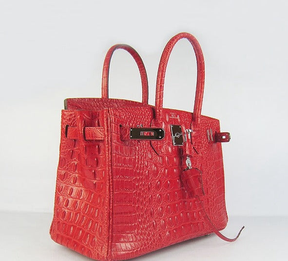 Birkin 30cm Crocodile Head Vein Handbags Red Silver - sneakerlandnet