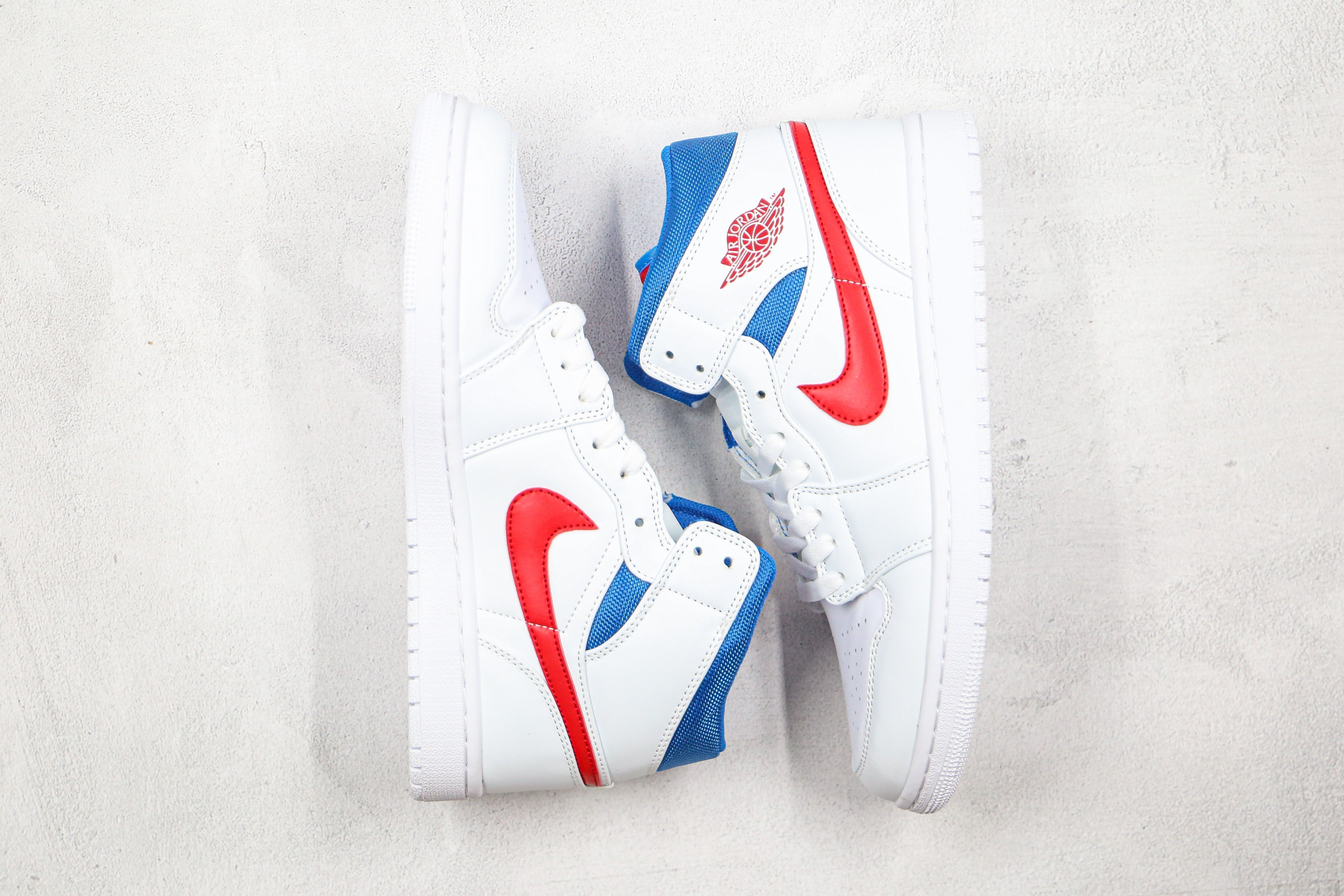 Custom Air Jordan 1 Mid White Blue Red BQ6472-164 - sneakerhypesusa