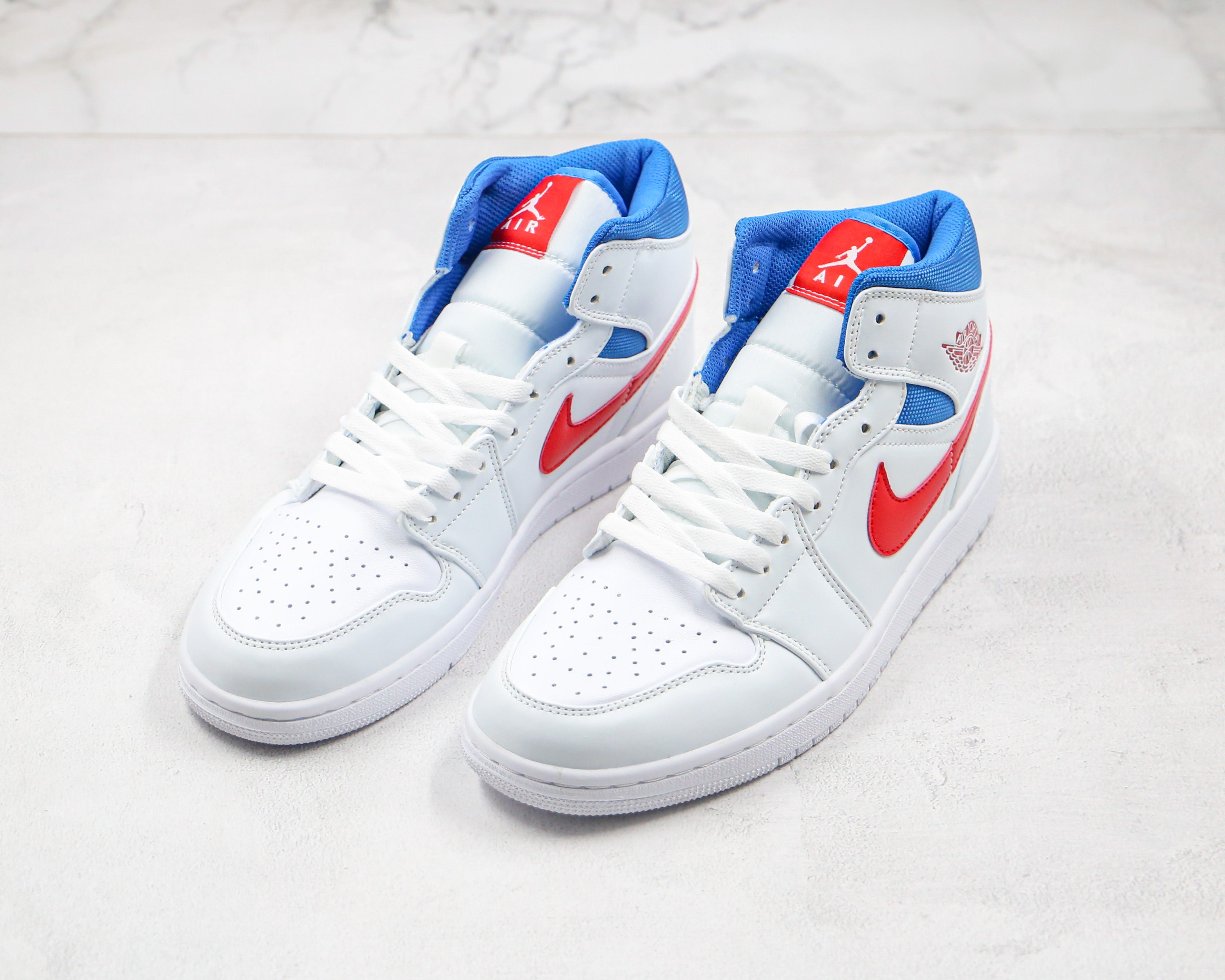 Custom Air Jordan 1 Mid White Blue Red BQ6472-164 - sneakerhypesusa