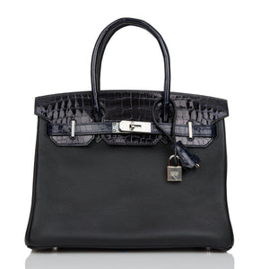 Birkin 30 Bleu Marine Shiny Niloticus Crocodile and Black Novillo Touch Palladium Hardware Kilta bags