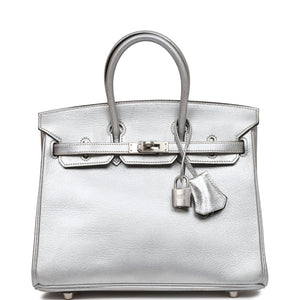 Birkin 25 Silver Metallic Chevre Palladium Hardware Kilta Bags