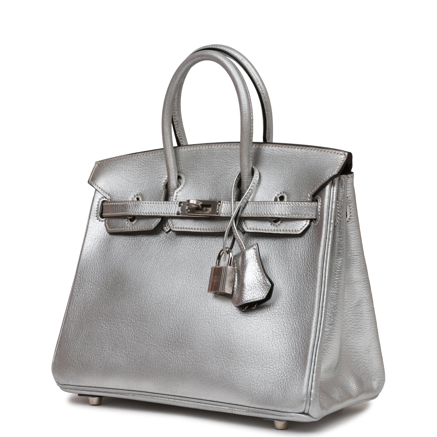 Birkin 25 Silver Metallic Chevre Palladium Hardware Kilta Bags