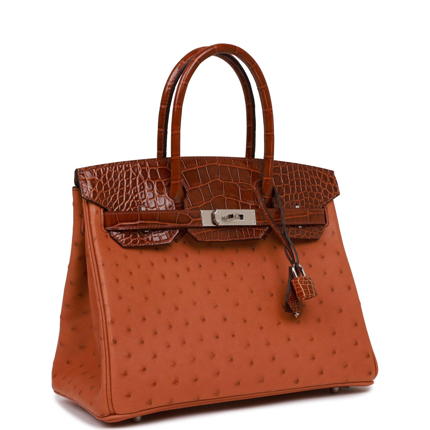 Birkin 30 Cognac and Miel Shiny Alligator and Ostrich Touch Palladium Hardware Kilta bags