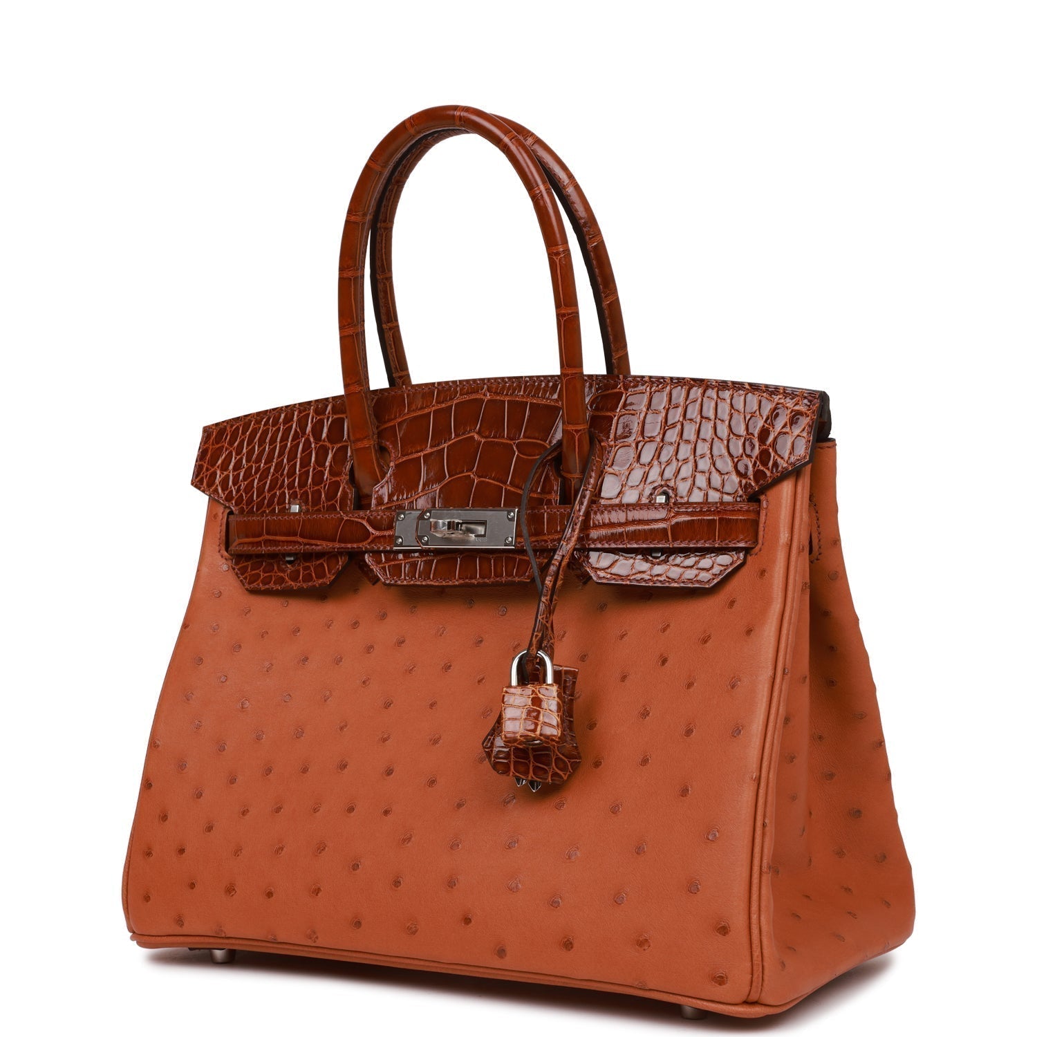 Birkin 30 Cognac and Miel Shiny Alligator and Ostrich Touch Palladium Hardware Kilta bags