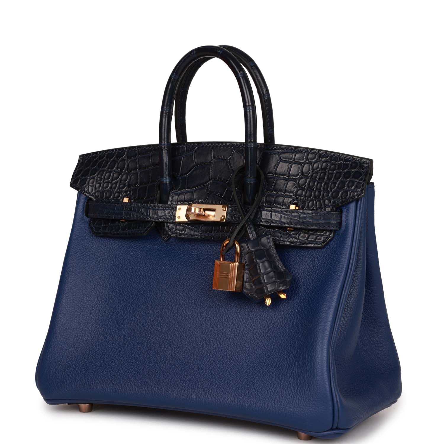 Birkin 25 Bleu Marine Matte Alligator and Bleu Saphir Novillo Touch Rose Gold Hardware Kilta bags