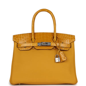 Birkin 30 Jaune Ambre Shiny Niloticus Crocodile and Togo Touch Palladium Hardware Kilta bags