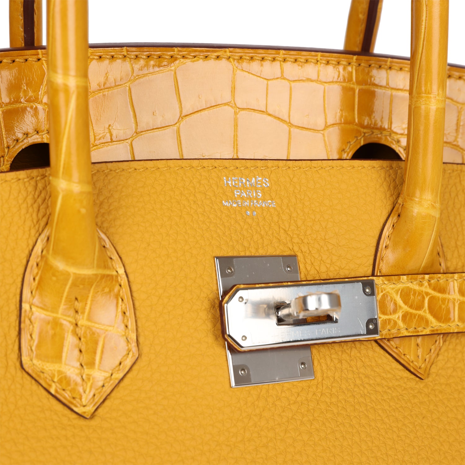 Birkin 30 Jaune Ambre Shiny Niloticus Crocodile and Togo Touch Palladium Hardware Kilta bags