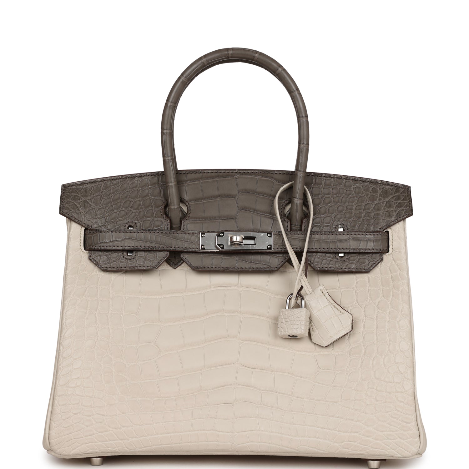 HMS Bi-color Birkin 30 Beton and Etain Matte Alligator Palladium Hardware Kilta bags