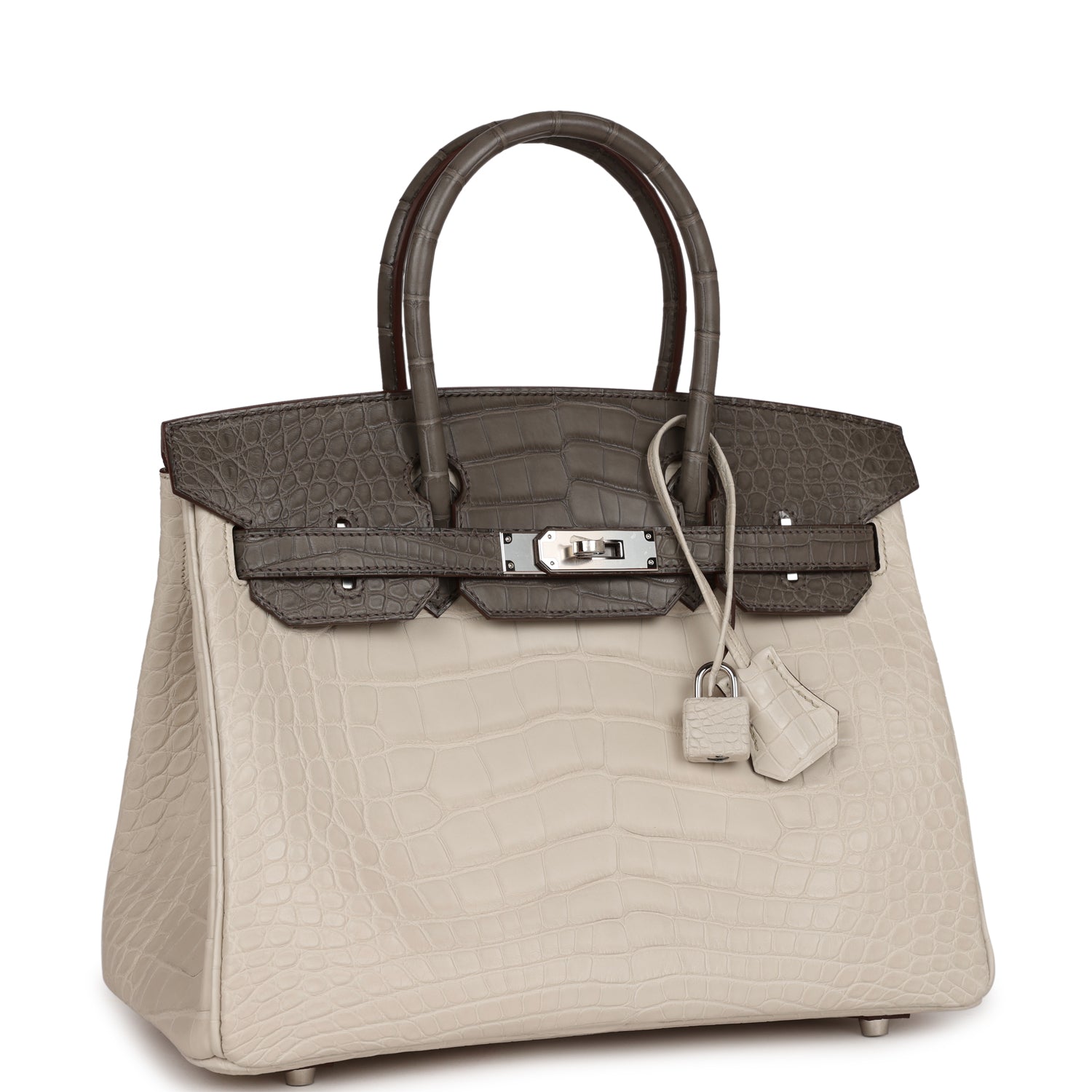 HMS Bi-color Birkin 30 Beton and Etain Matte Alligator Palladium Hardware Kilta bags