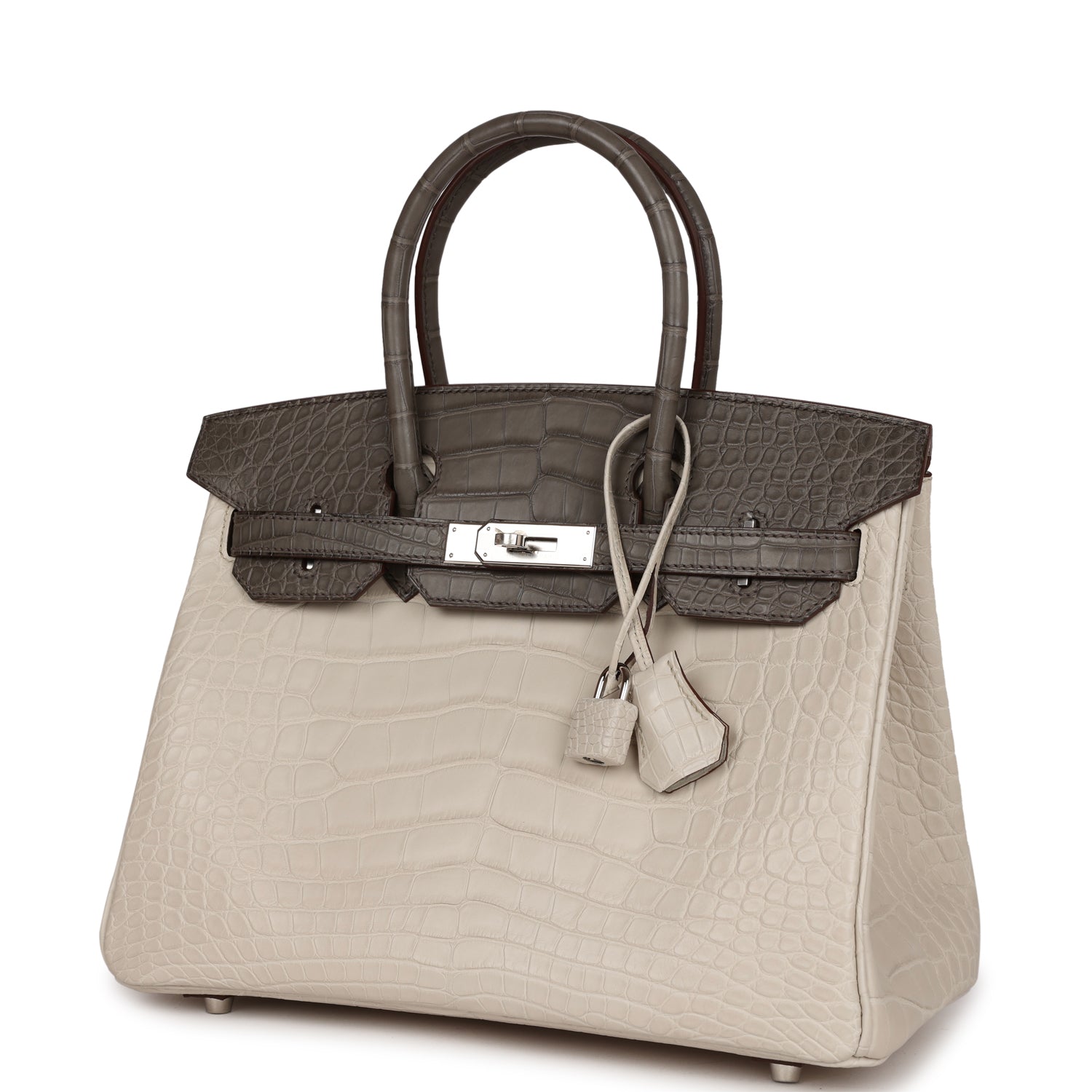 HMS Bi-color Birkin 30 Beton and Etain Matte Alligator Palladium Hardware Kilta bags