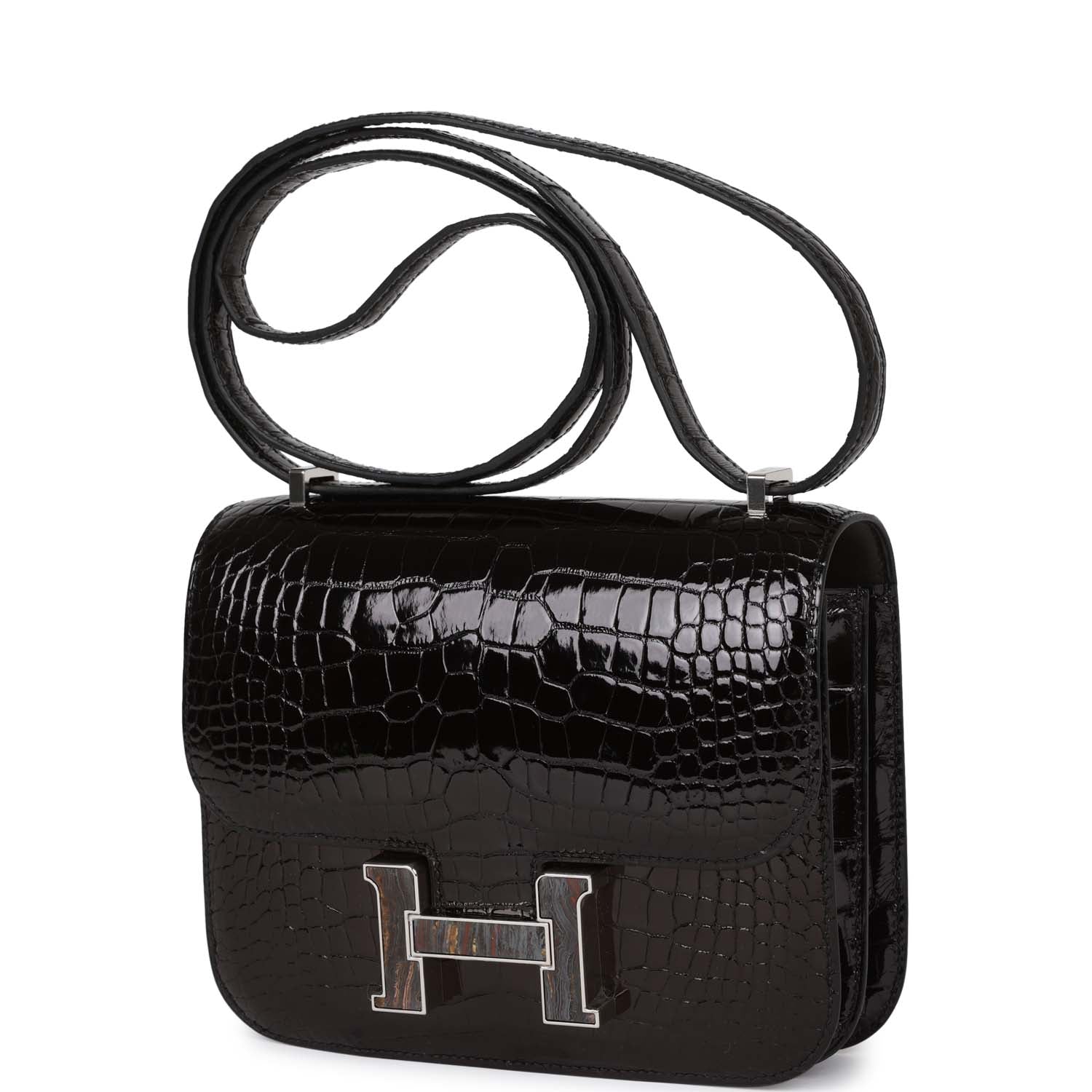 Constance 18 Black Shiny Alligator Palladium Tiger's Eye Hardware Kilta bags