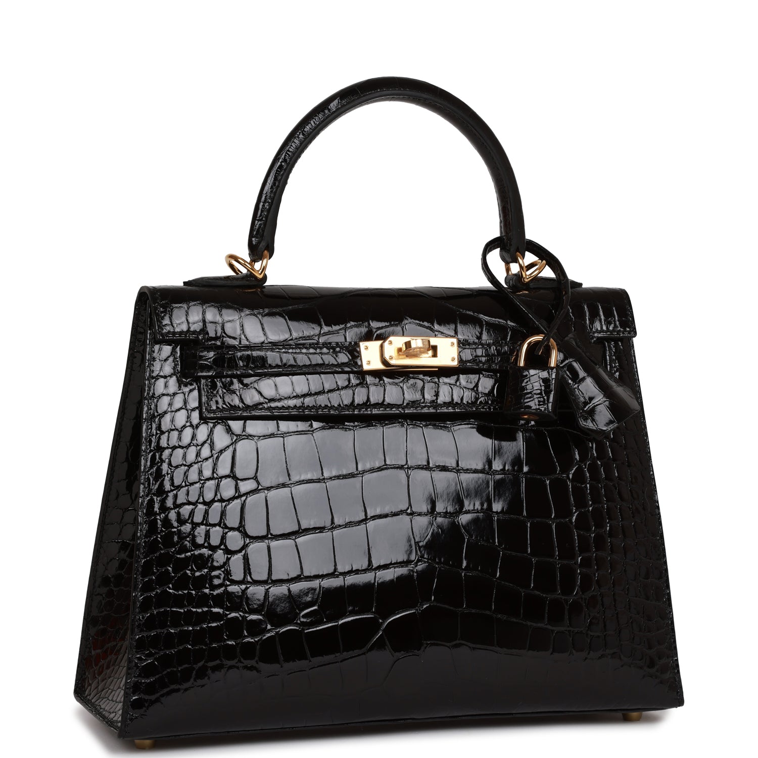 Kelly Sellier 25 Black Shiny Alligator Gold Hardware Kilta bags