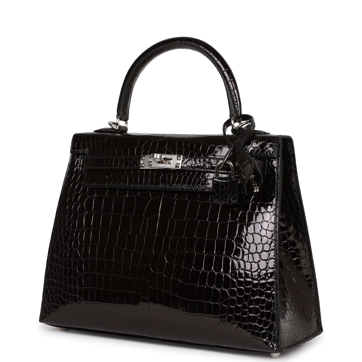 Kelly Sellier 25 Black Shiny Porosus Crocodile Palladium Hardware Kilta bags