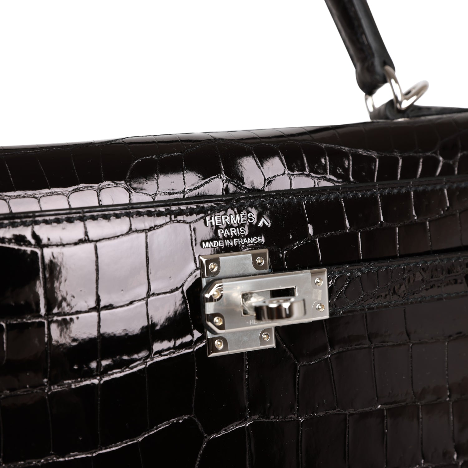 Kelly Sellier 25 Black Shiny Porosus Crocodile Palladium Hardware Kilta bags