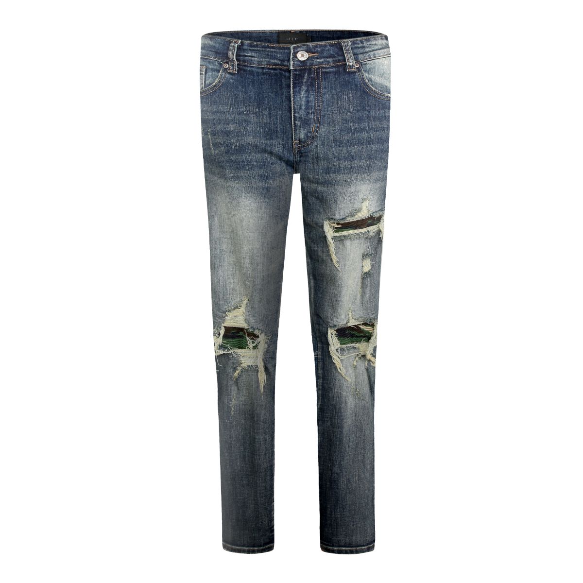 Sneakerhill Distressed Dirty Washed Denim w/ Camo Patch Details - sneakerhillcom