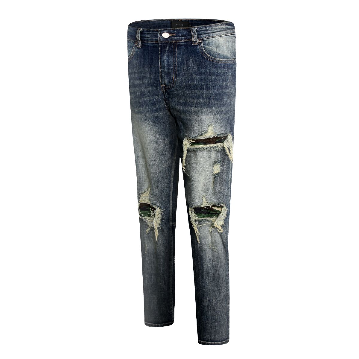 Sneakerhill Distressed Dirty Washed Denim w/ Camo Patch Details - sneakerhillcom