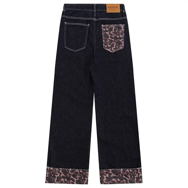 Sneakerhill® Baggy Black Jeans Leopard Patchwork Sneakerhill