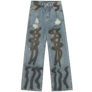 Sneakerhill® Baggy Ripped Wide Leg Jeans Black Graffiti Sneakerhill