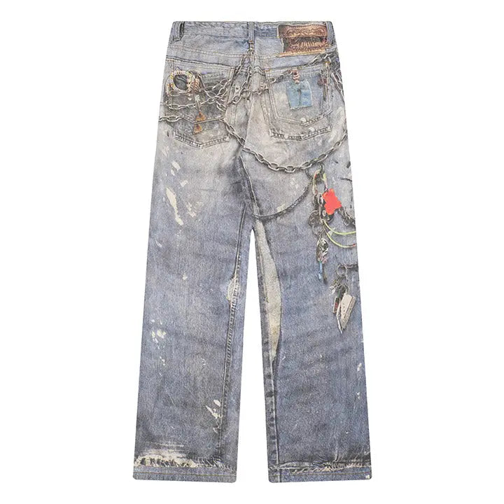 Sneakerhill® Baggy Washed Jeans Chains Print Sneakerhill