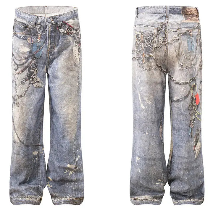 Sneakerhill® Baggy Washed Jeans Chains Print Sneakerhill