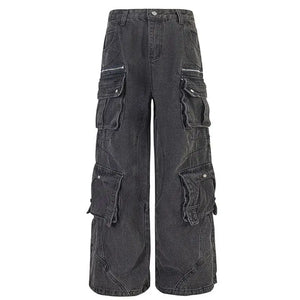 Sneakerhill® Black Cargo Jeans Pleated Pockets - sneakerhillcom