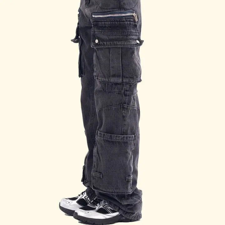 Sneakerhill® Black Cargo Jeans Pleated Pockets - sneakerhillcom