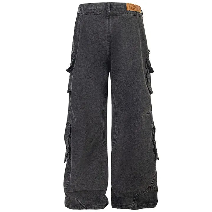 Sneakerhill® Black Cargo Jeans Pleated Pockets - sneakerhillcom