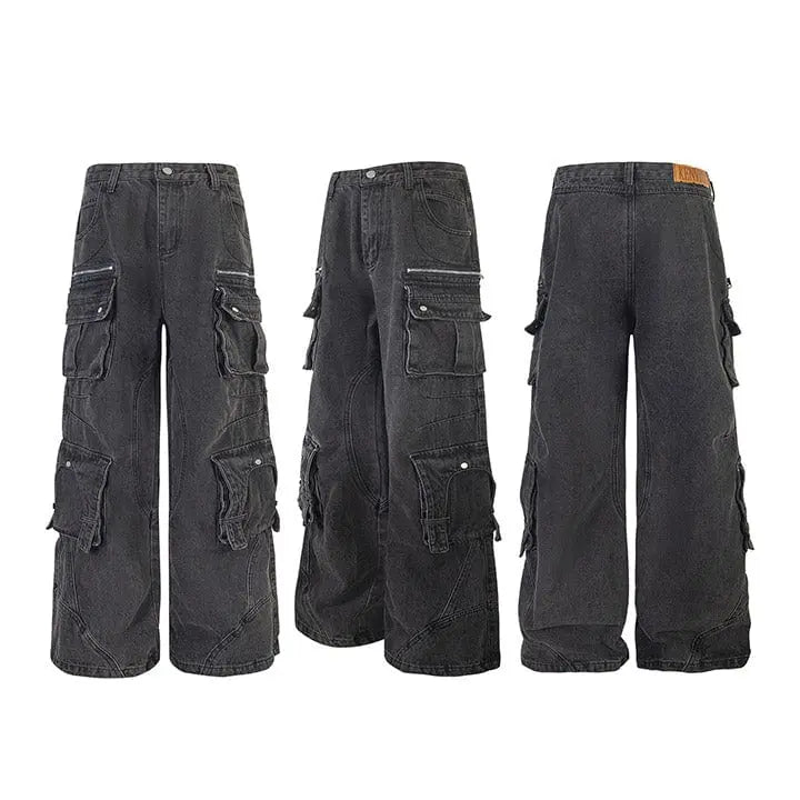 Sneakerhill® Black Cargo Jeans Pleated Pockets - sneakerhillcom