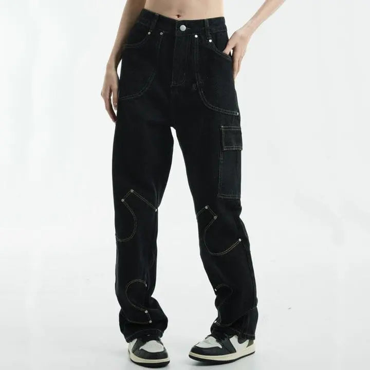 Sneakerhill® Black Punk Stitch Cargo Jeans - sneakerhillcom