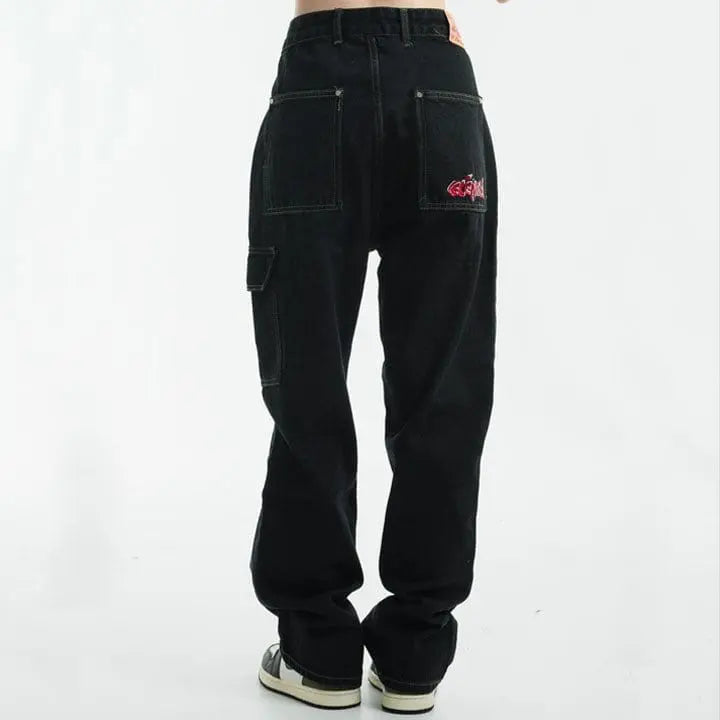 Sneakerhill® Black Punk Stitch Cargo Jeans - sneakerhillcom