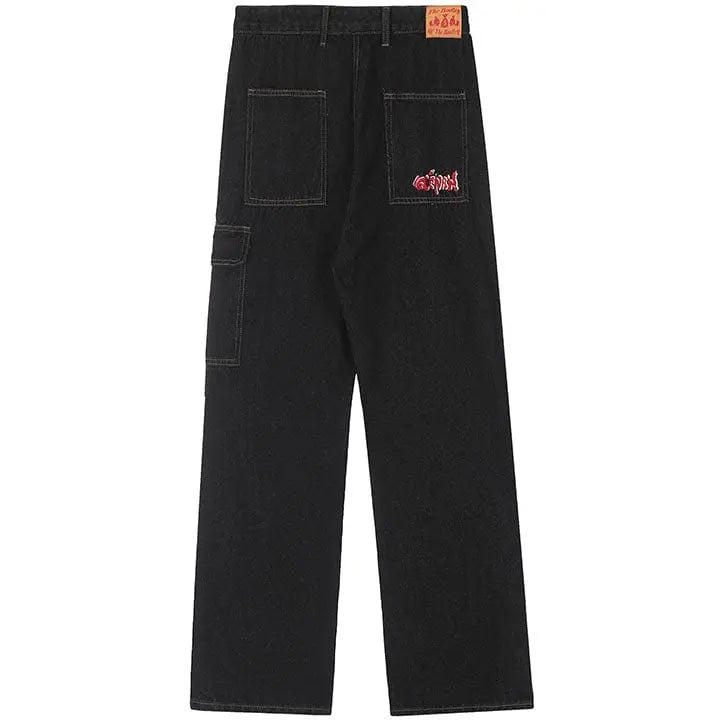 Sneakerhill® Black Punk Stitch Cargo Jeans - sneakerhillcom