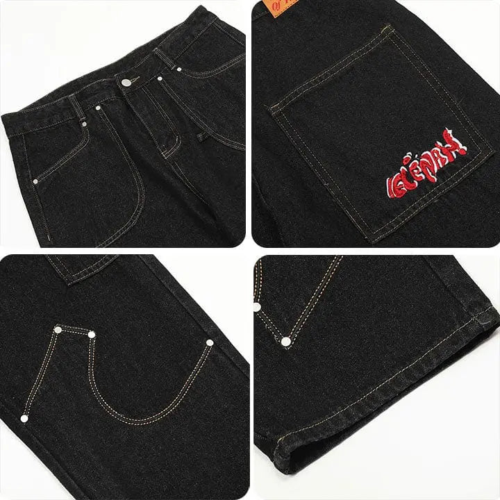 Sneakerhill® Black Punk Stitch Cargo Jeans - sneakerhillcom