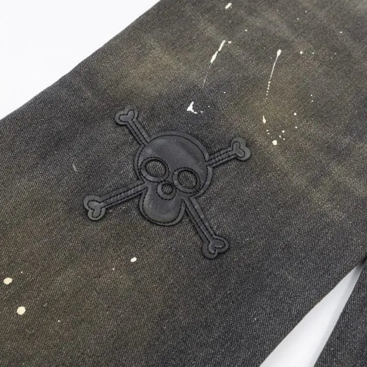 Sneakerhill® Black Skinny Jeans Skull Patch - sneakerhillcom