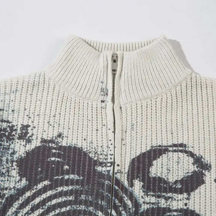 Sneakerhill® Chunky Knit Zipper Sweater Portrait Graffiti Sneakerhill