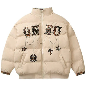 Sneakerhill® Corduroy Puffer Coat Cross Patch Sneakerhill