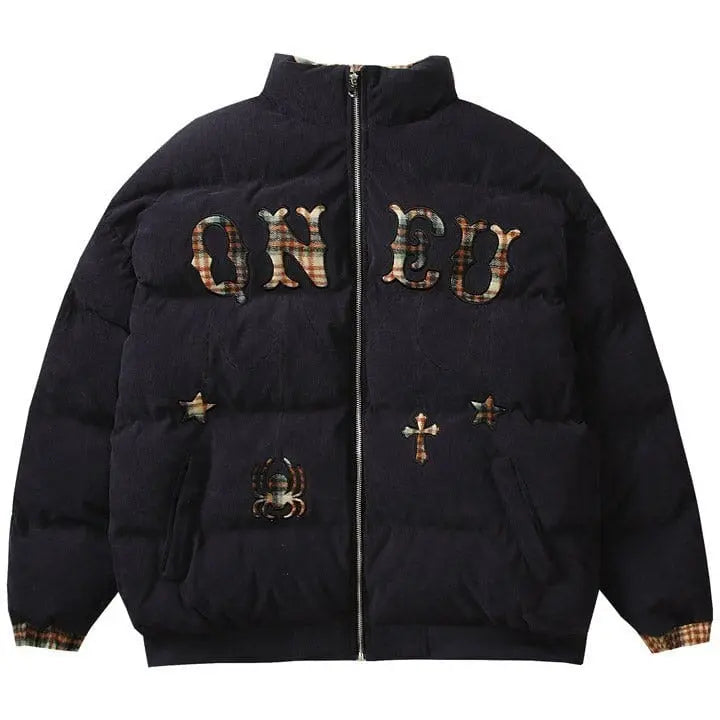 Sneakerhill® Corduroy Puffer Coat Cross Patch Sneakerhill