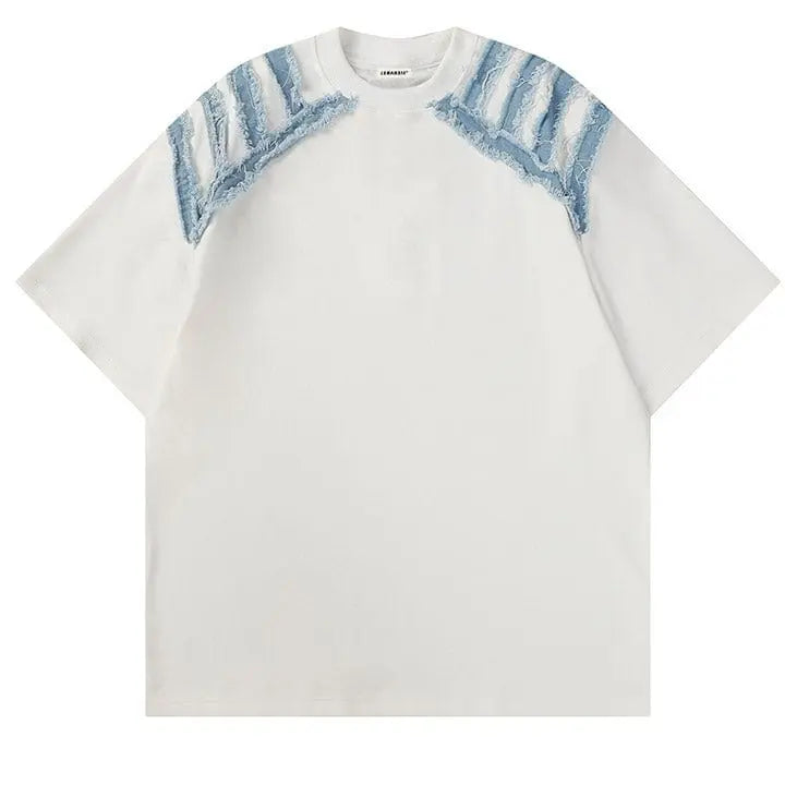 Sneakerhill® Crew Neck T-shirt Denim Shoulder Patch - sneakerhillcom