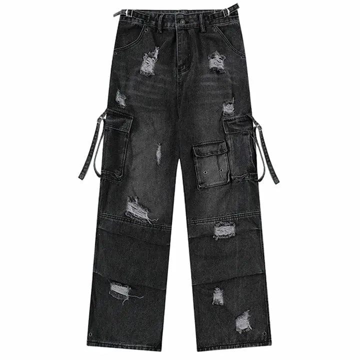 Sneakerhill® Distressed Black Jeans Side Pocket - sneakerhillcom