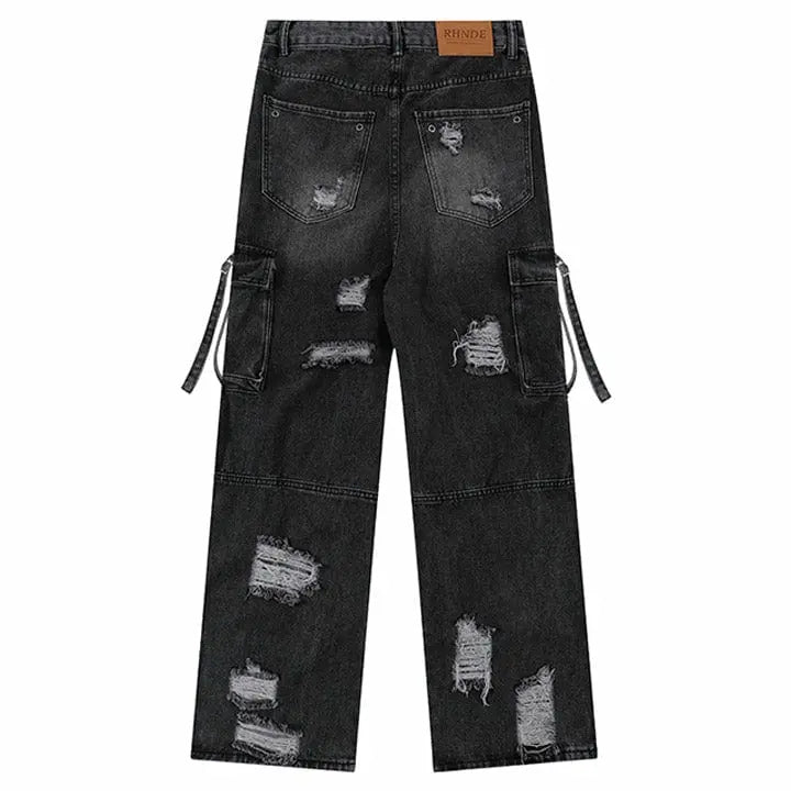 Sneakerhill® Distressed Black Jeans Side Pocket - sneakerhillcom