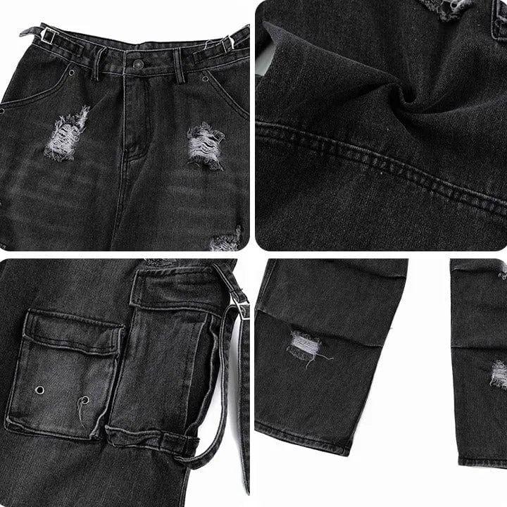 Sneakerhill® Distressed Black Jeans Side Pocket - sneakerhillcom