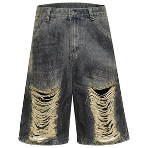 Sneakerhill® Distressed Graphic Denim Shorts with Hole - sneakerhillcom