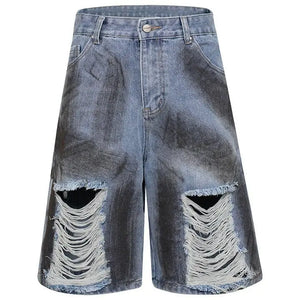 Sneakerhill® Distressed Graphic Denim Shorts with Hole - sneakerhillcom