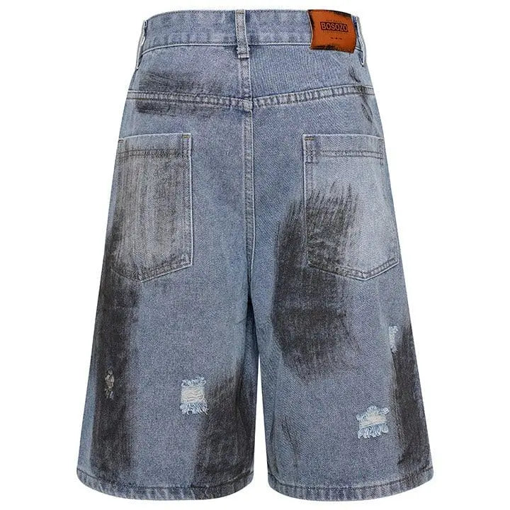 Sneakerhill® Distressed Graphic Denim Shorts with Hole - sneakerhillcom