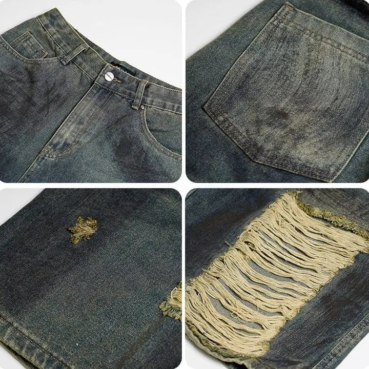 Sneakerhill® Distressed Graphic Denim Shorts with Hole - sneakerhillcom