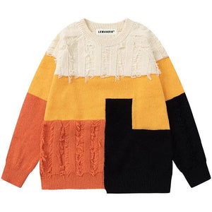 Sneakerhill® Distressed Knit Sweater Color Block - sneakerhillcom