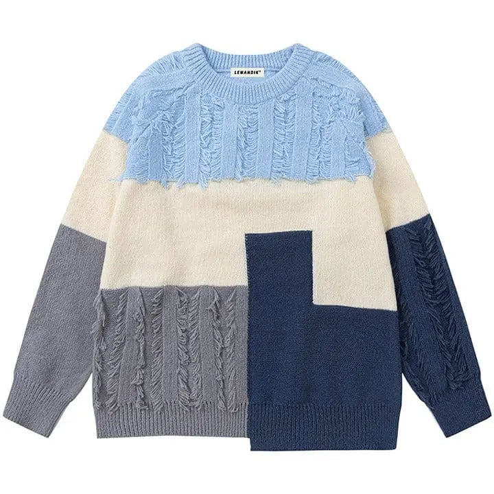 Sneakerhill® Distressed Knit Sweater Color Block - sneakerhillcom