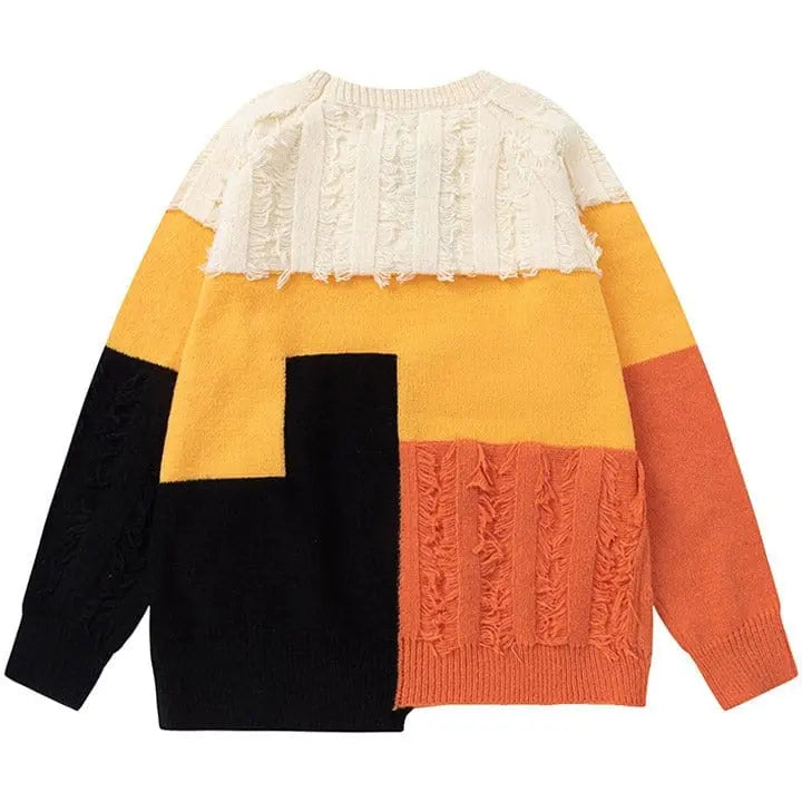 Sneakerhill® Distressed Knit Sweater Color Block - sneakerhillcom