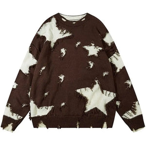 Sneakerhill® Distressed Knit Sweater Star Patch Sneakerhill