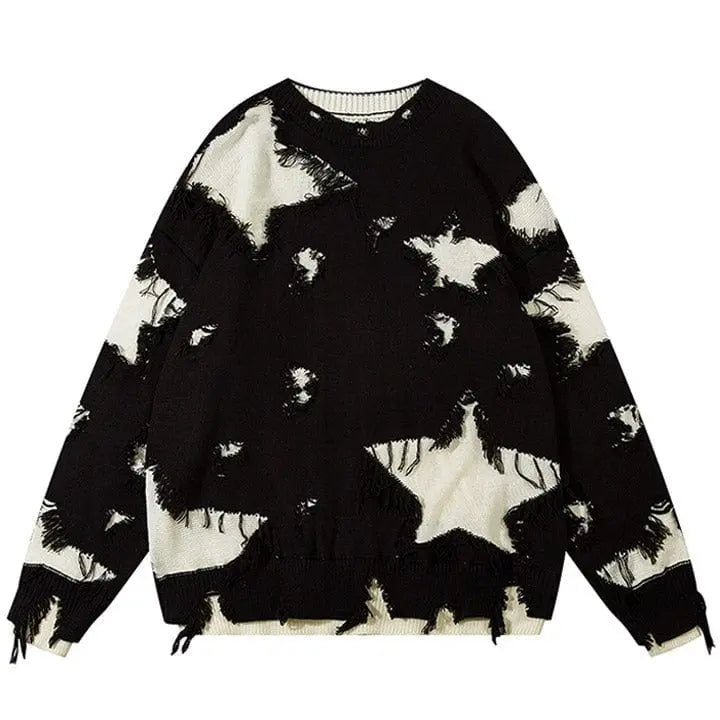 Sneakerhill® Distressed Knit Sweater Star Patch Sneakerhill