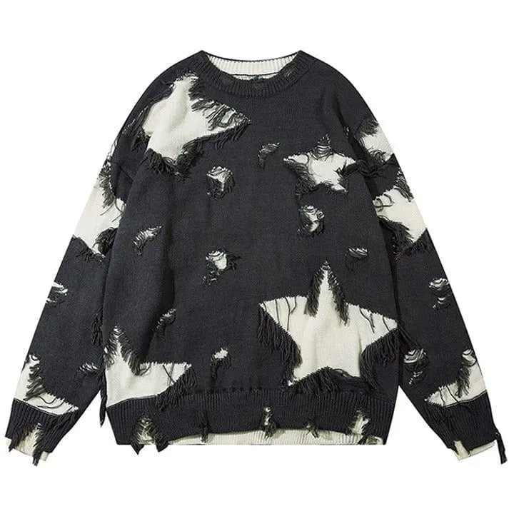 Sneakerhill® Distressed Knit Sweater Star Patch Sneakerhill